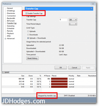 uTorrent transfer limit option