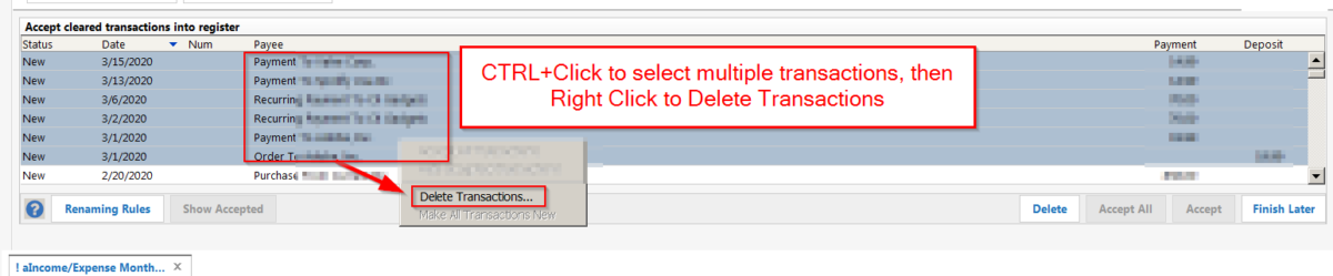how do i delete multiple transactions in quicken for mac