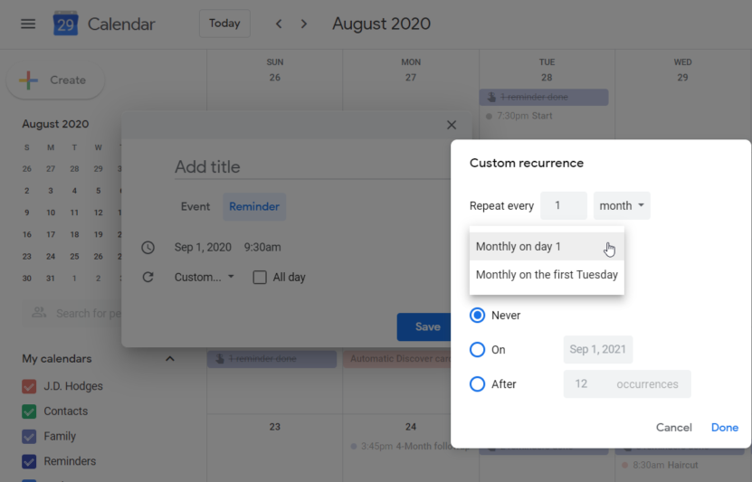 How to add a Google Calendar Reminder that repeats on 1st of each month